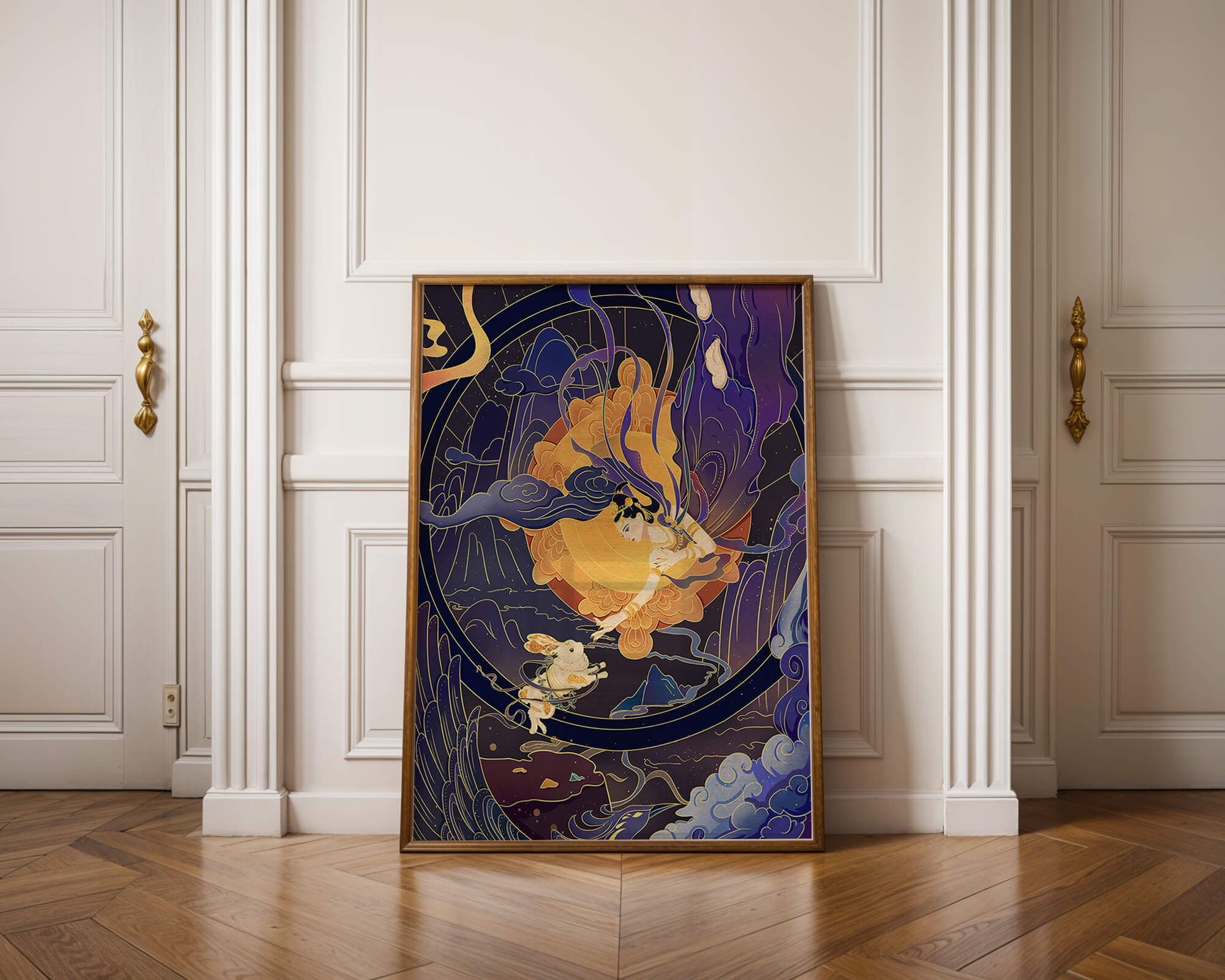 Elegant goddess reaching towards a celestial rabbit in a cosmic scene