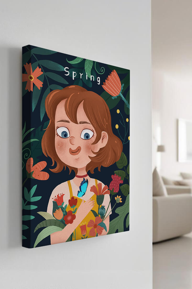 Ilustración primaveral encantadora con flores y mariposa
