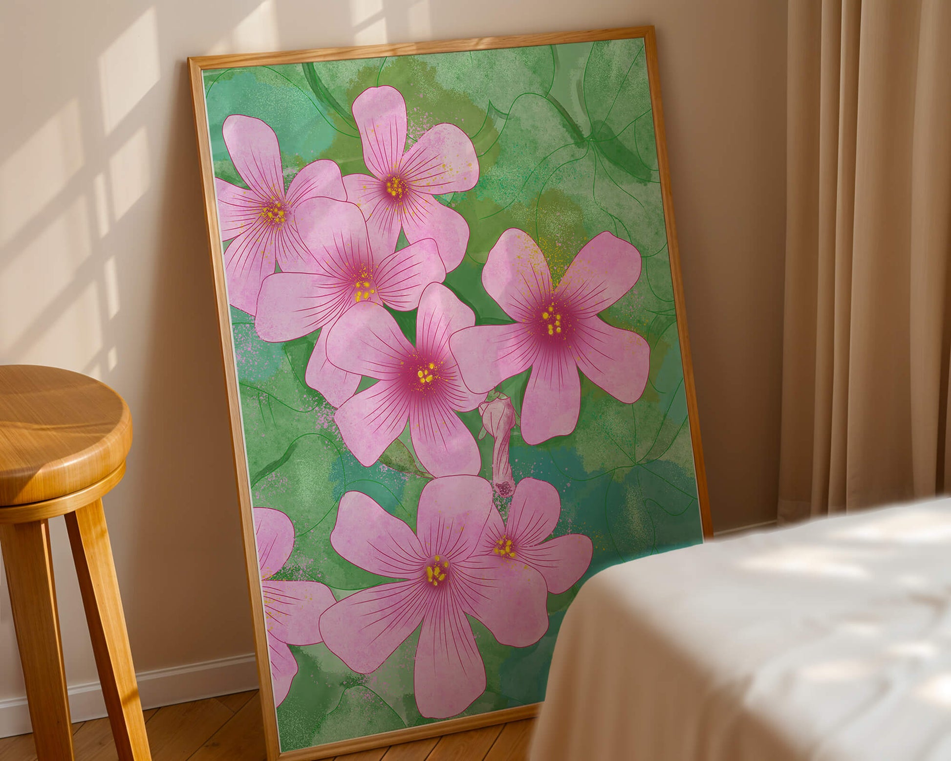 Zarte rosa Blüten auf einem leuchtend grünen Hintergrund Illustration