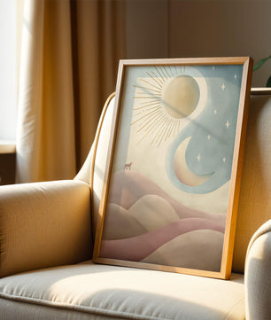 Minimalist landscape with sun, moon, and wolf in pastel hues