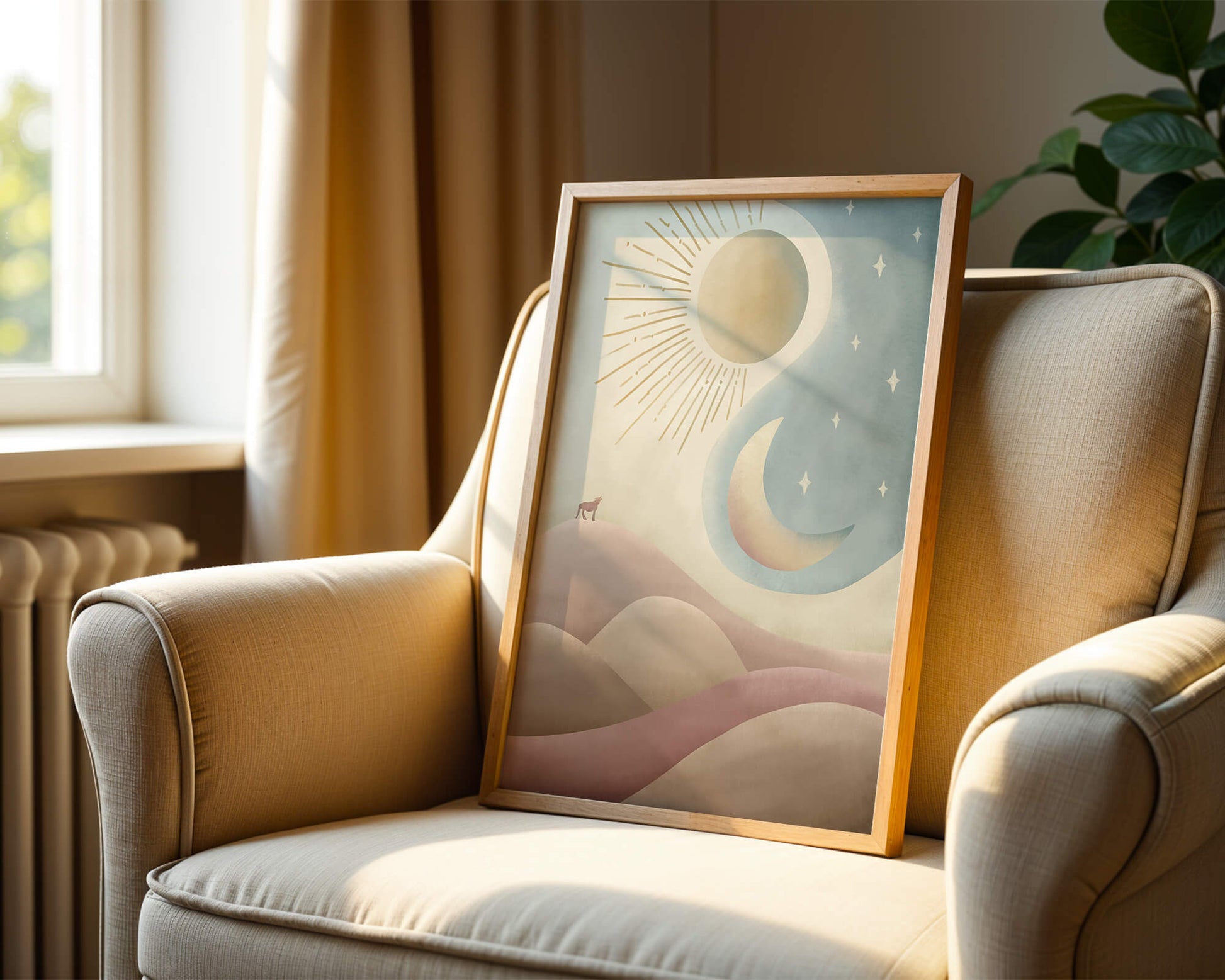 Minimalist landscape with sun, moon, and wolf in pastel hues