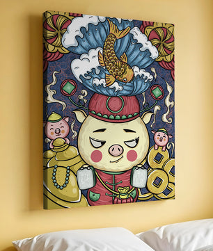 Colorful illustration featuring a whimsical pig and koi fish with decorative elements