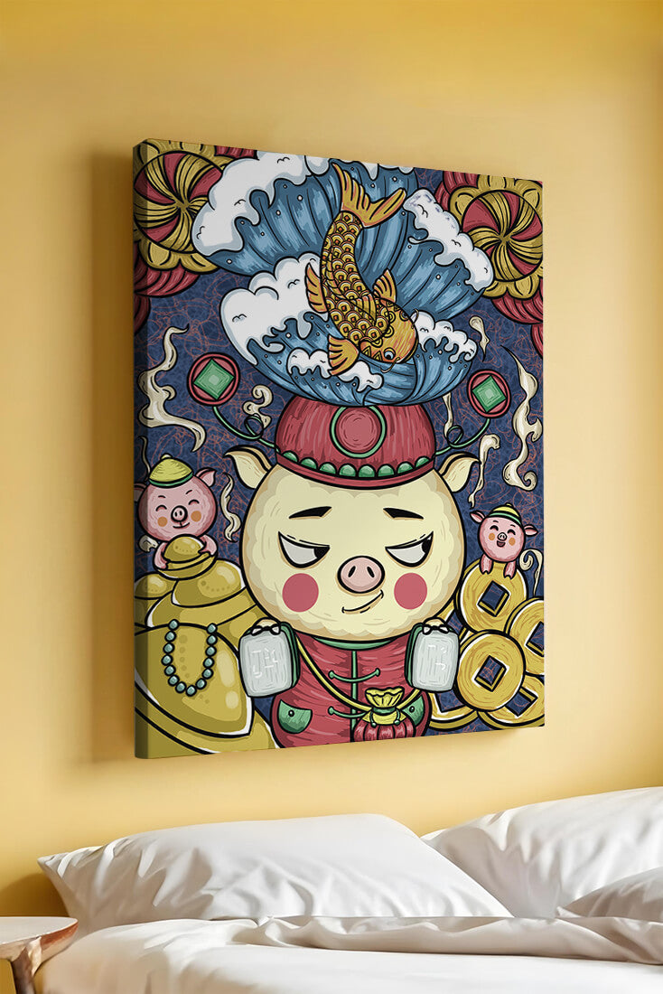 Colorful illustration featuring a whimsical pig and koi fish with decorative elements