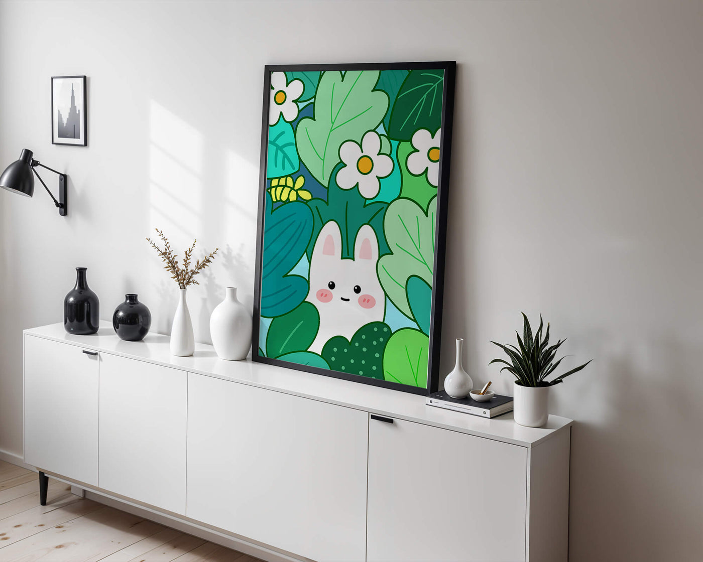 Illustration of a cute rabbit hidden among flowers and greenery
