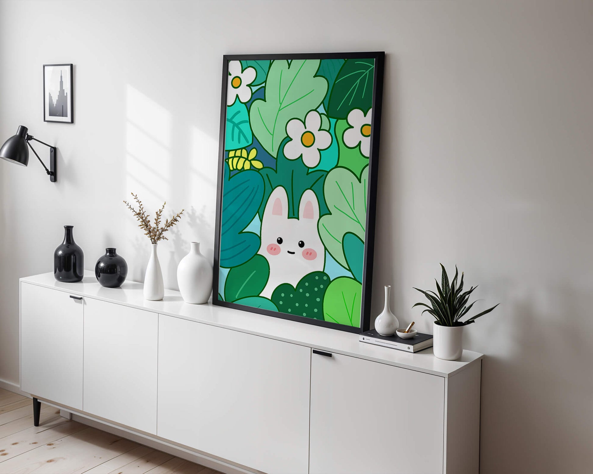 Illustration of a cute rabbit hidden among flowers and greenery