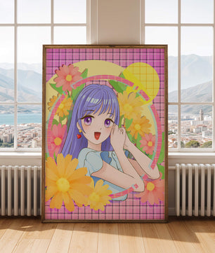 Anime-Mädchen mit leuchtenden Blumen und lila Haaren auf buntem Hintergrund
