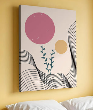 Composition florale abstraite avec des cercles roses et orange sur fond minimaliste