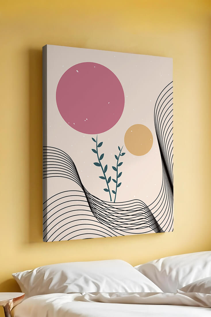 Composition florale abstraite avec des cercles roses et orange sur fond minimaliste