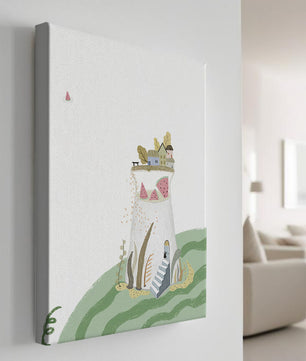 Whimsical Landscape with Fantasy Village and Watermelon Elements