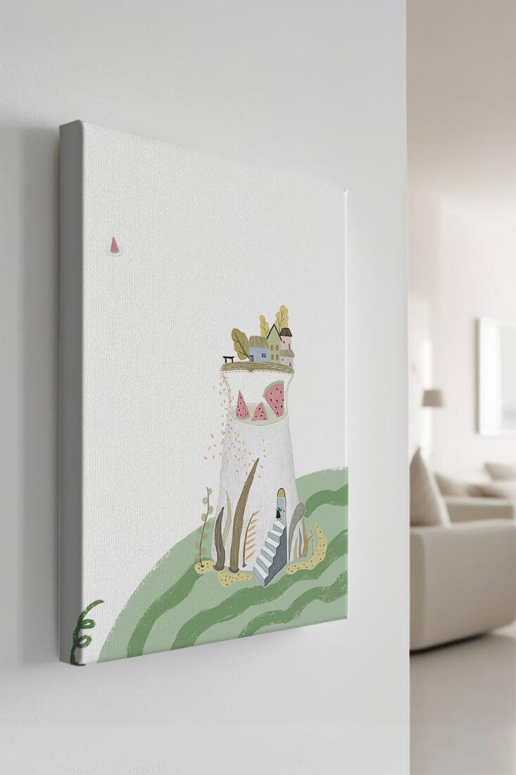 Whimsical Landscape with Fantasy Village and Watermelon Elements