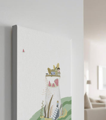 Whimsical Landscape with Fantasy Village and Watermelon Elements