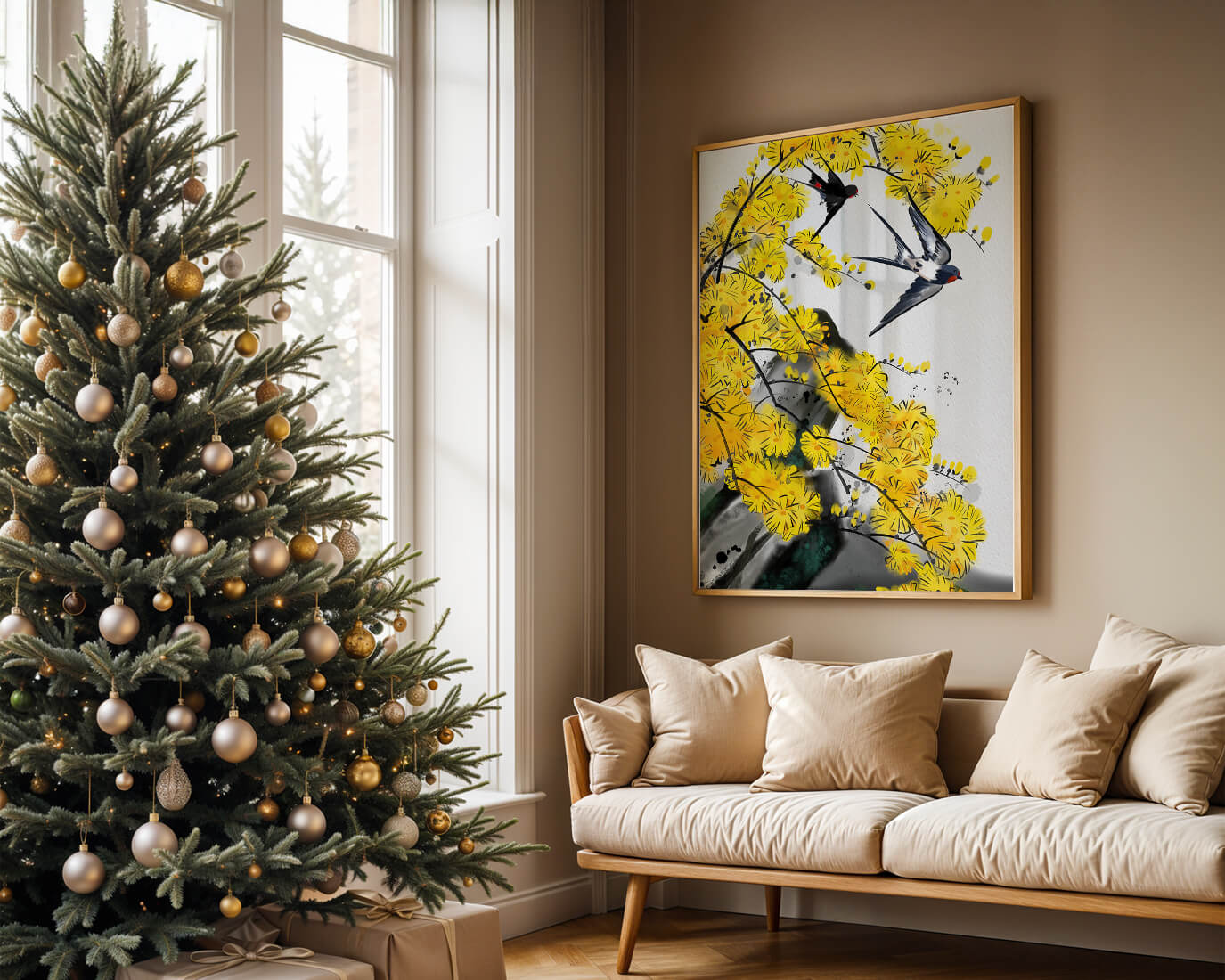 Artistic depiction of swallows amid vibrant yellow blossoms