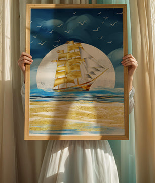 Navire à voile doré sur la mer avec des mouettes et un horizon bleu