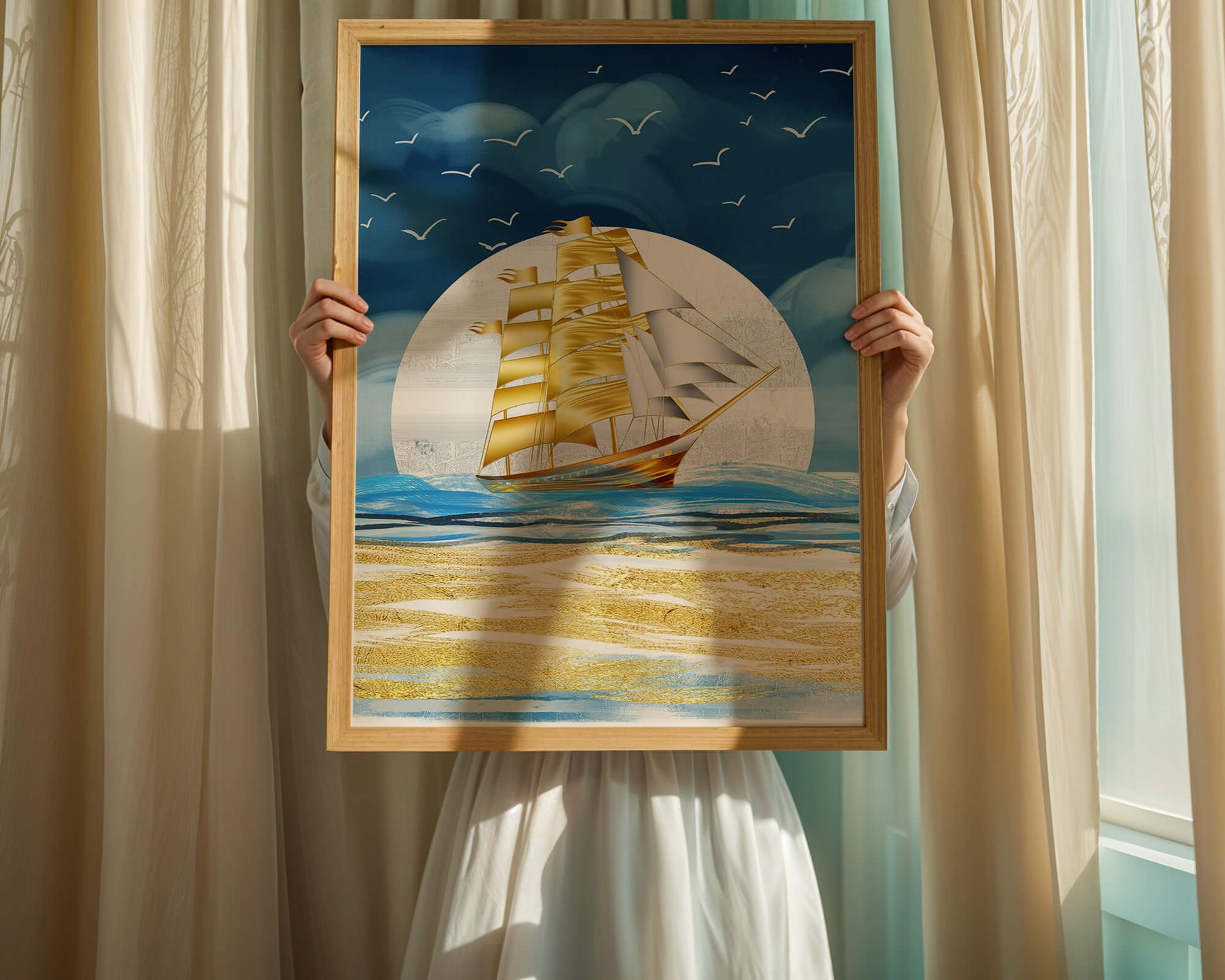 Golden Sailing Ship on the Sea with Seagulls and Blue Horizon