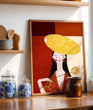 Elegant Woman with a Gold Hat and a Flower on a Red Background - Mi tienda