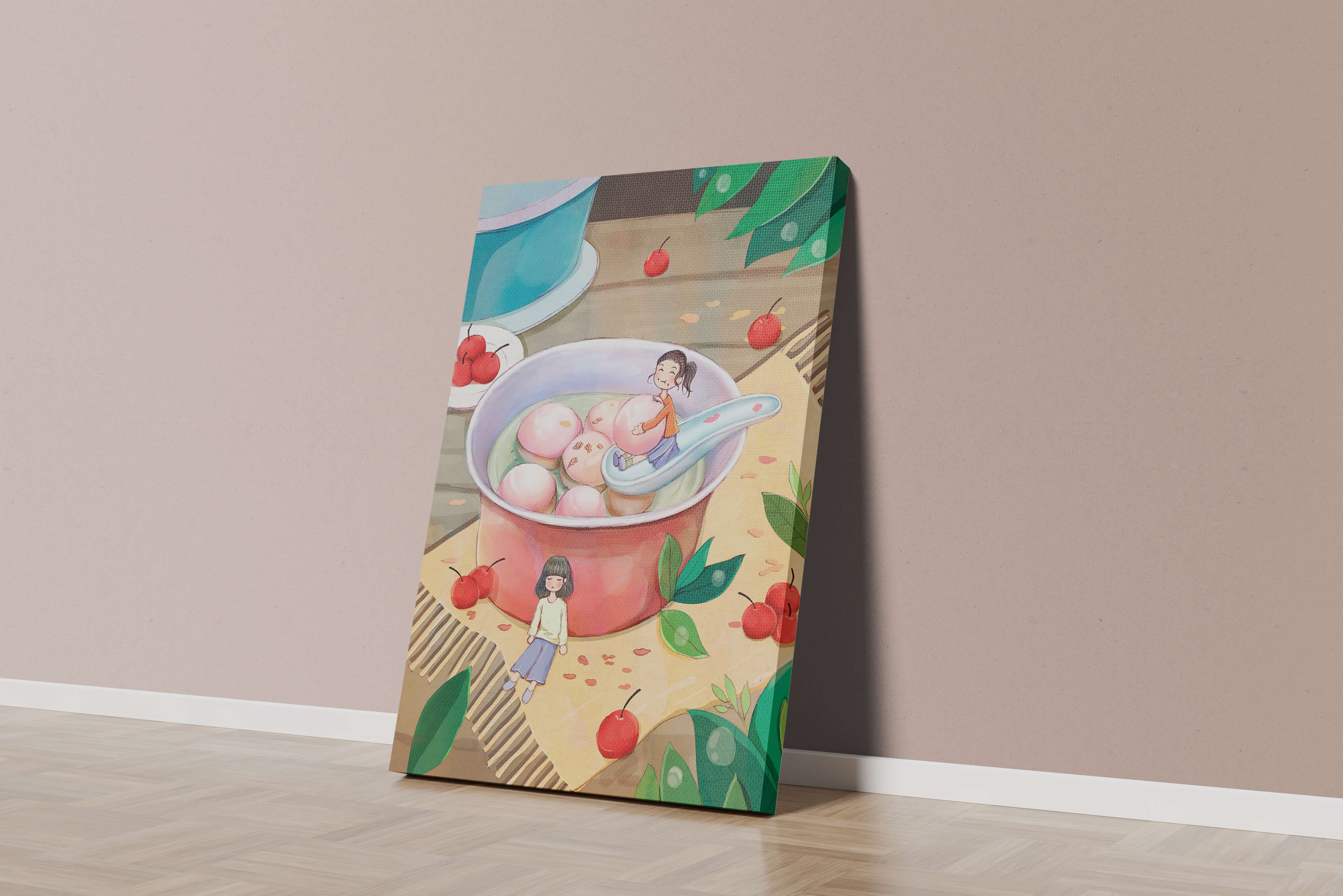 Charming illustration of children with dessert in a whimsical setting