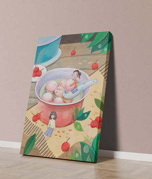 Charming illustration of children with dessert in a whimsical setting