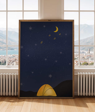 Camping Under Night Sky with Stars and Crescent Moon