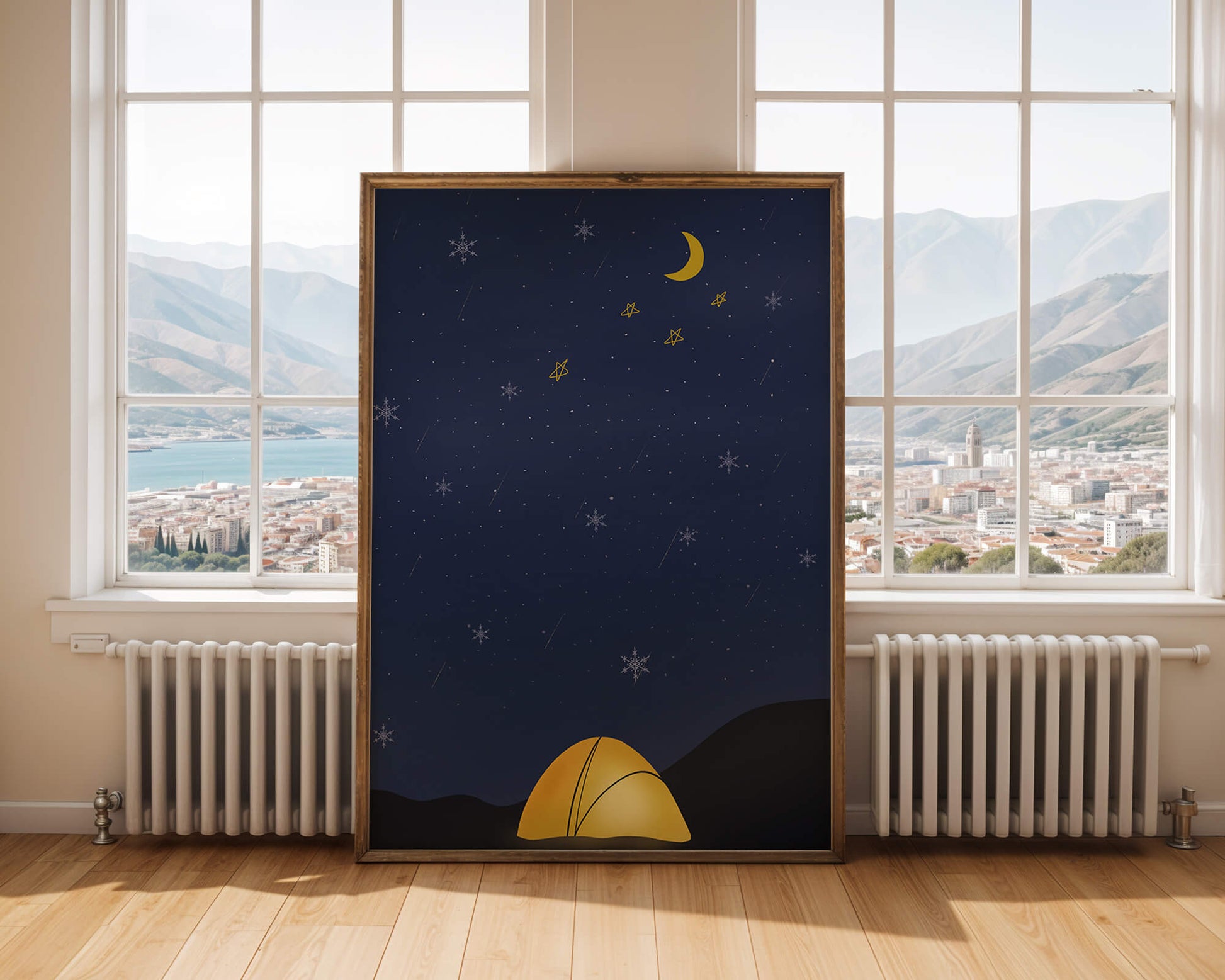 Camping Under Night Sky with Stars and Crescent Moon