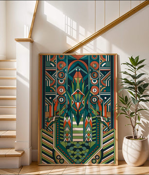 Design géométrique abstrait inspiré de l’Art déco avec des motifs symétriques et un motif animal
