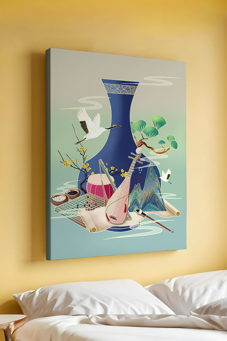 Traditional Asian art scene featuring vase, musical instruments, and cranes
