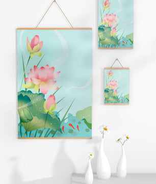 Loteo de flores de loto ilustrativas con hojas y peces koi en un estanque sereno