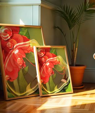 Vibrant floral illustration with hummingbird and lush greenery