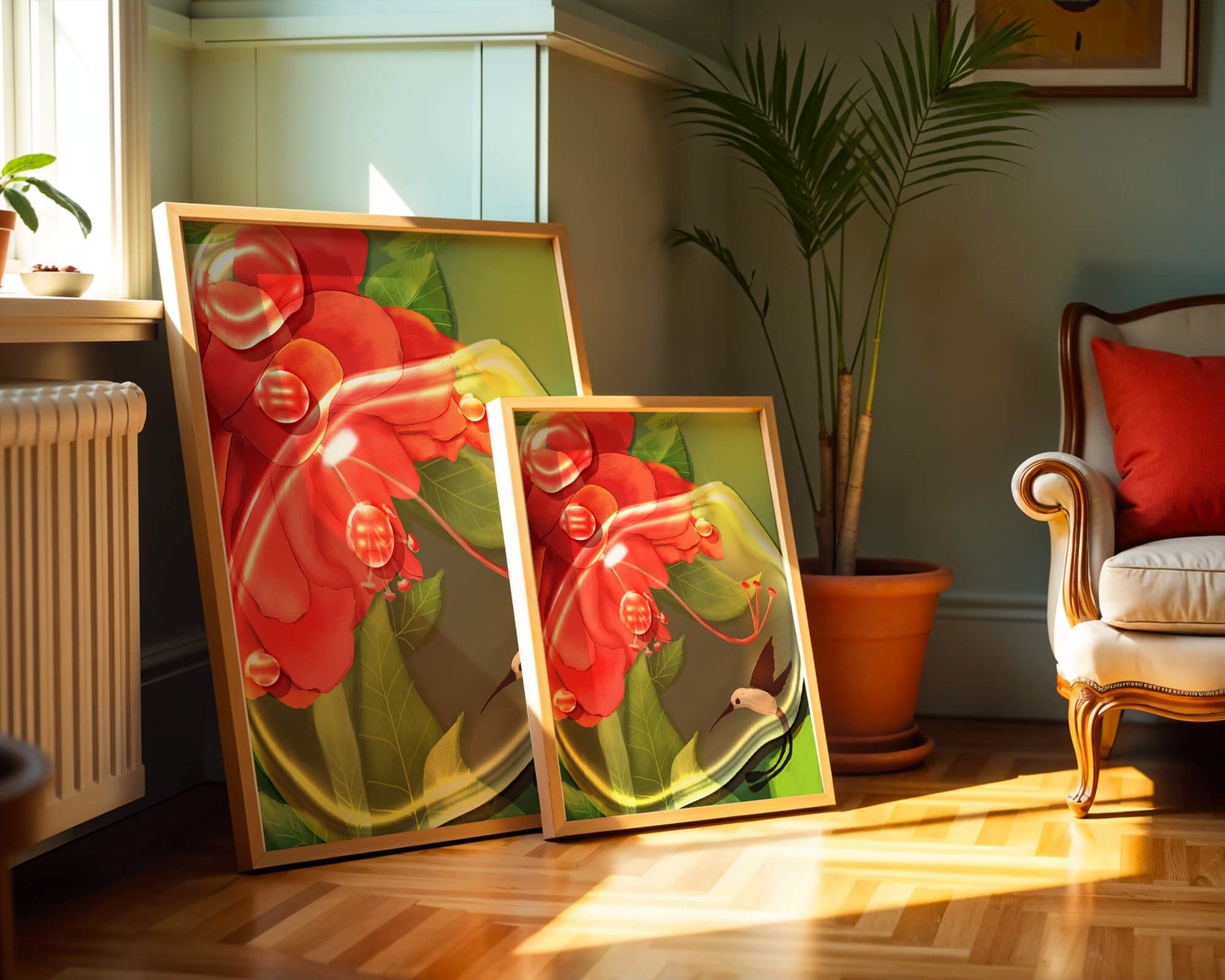 Vibrant floral illustration with hummingbird and lush greenery