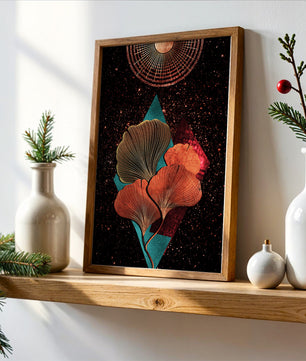 Traducción al español: Ilustración floral cósmica abstracta con elementos geométricos y acentos dorados