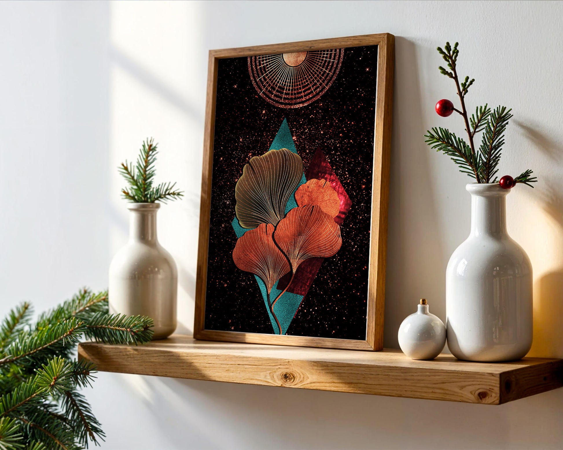 Traducción al español: Ilustración floral cósmica abstracta con elementos geométricos y acentos dorados