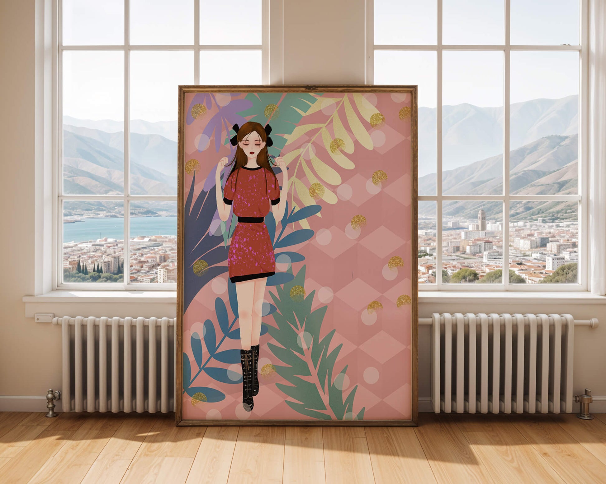 Stylish illustration of a woman with botanical elements and geometric background