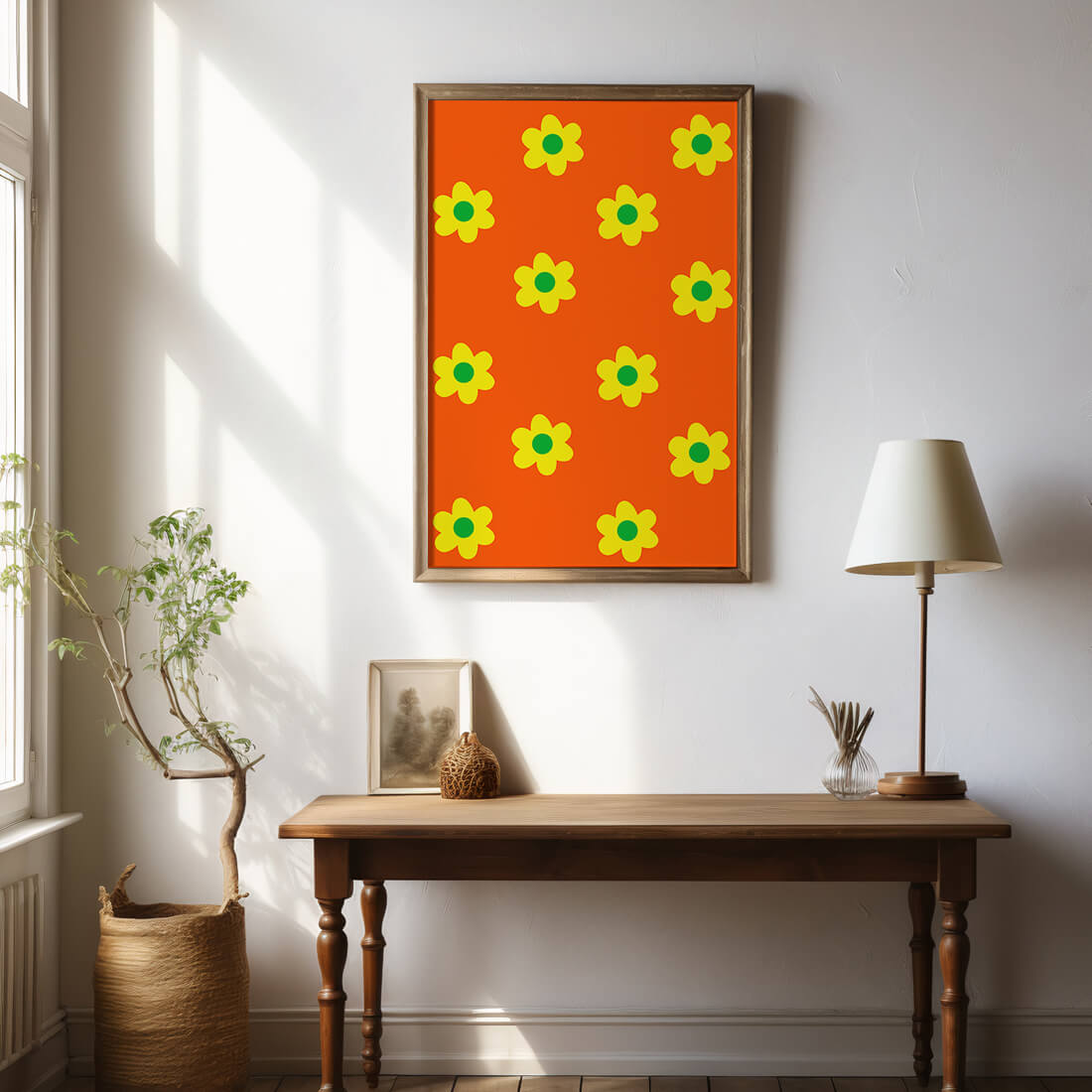 Colorful floral pattern with yellow flowers on orange background