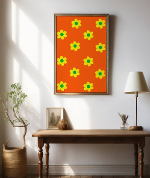 Buntes Blumenmuster mit gelben Blumen auf orangefarbenem Hintergrund