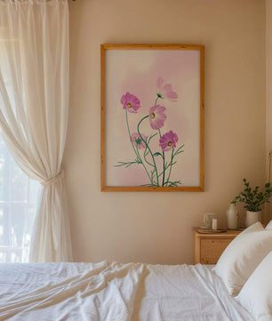 Ilustración digital de flores de cosmos rosadas sobre un fondo pastel suave
