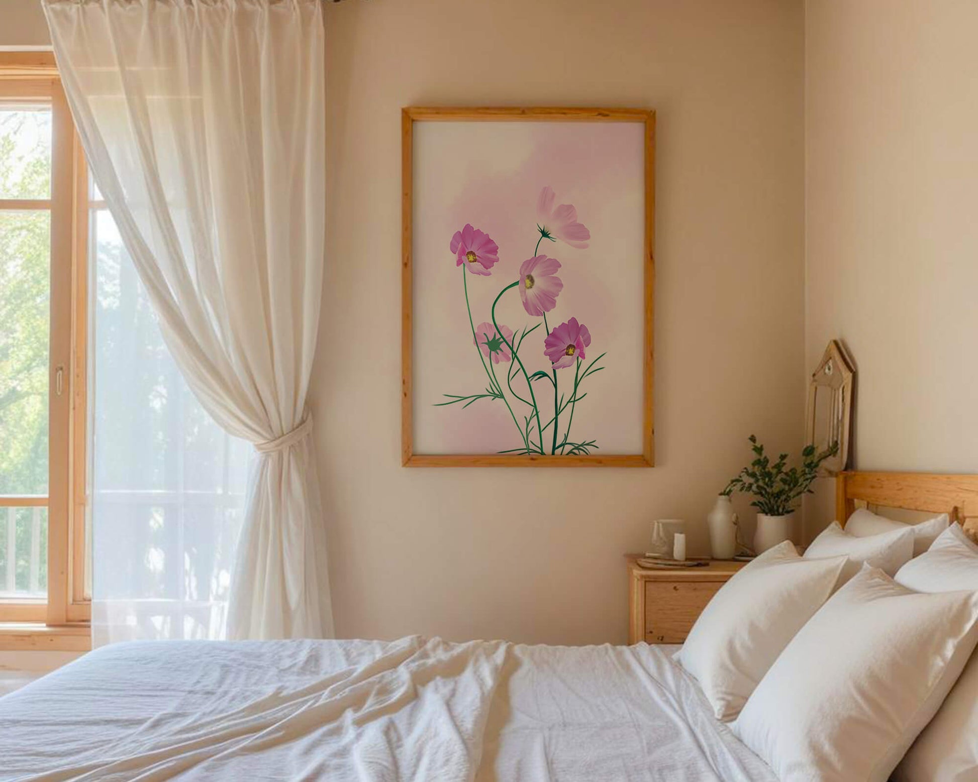 Digital illustration of pink cosmos flowers against a soft pastel background