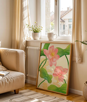 Illustration of pink lotus flowers with green leaves on a pastel background