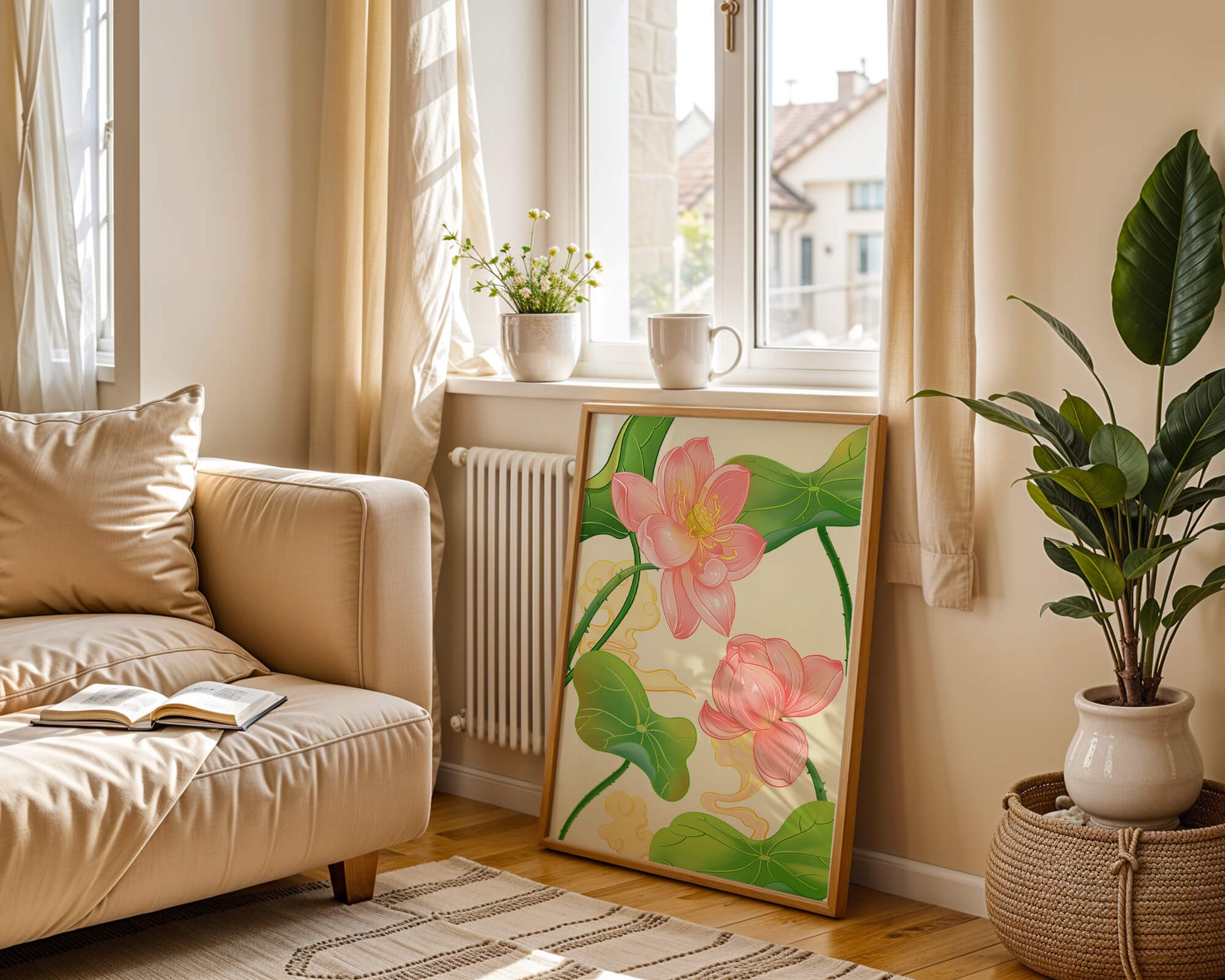Illustration of pink lotus flowers with green leaves on a pastel background