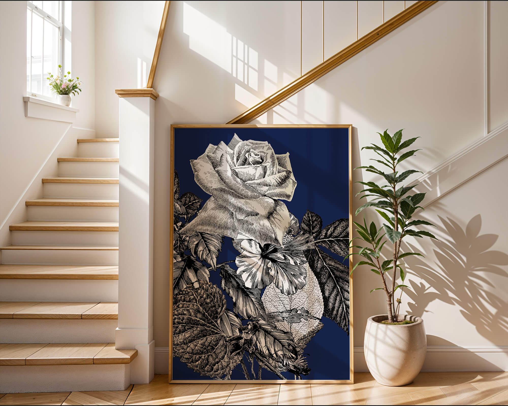Intricate botanical illustration of roses and foliage on a deep blue background
