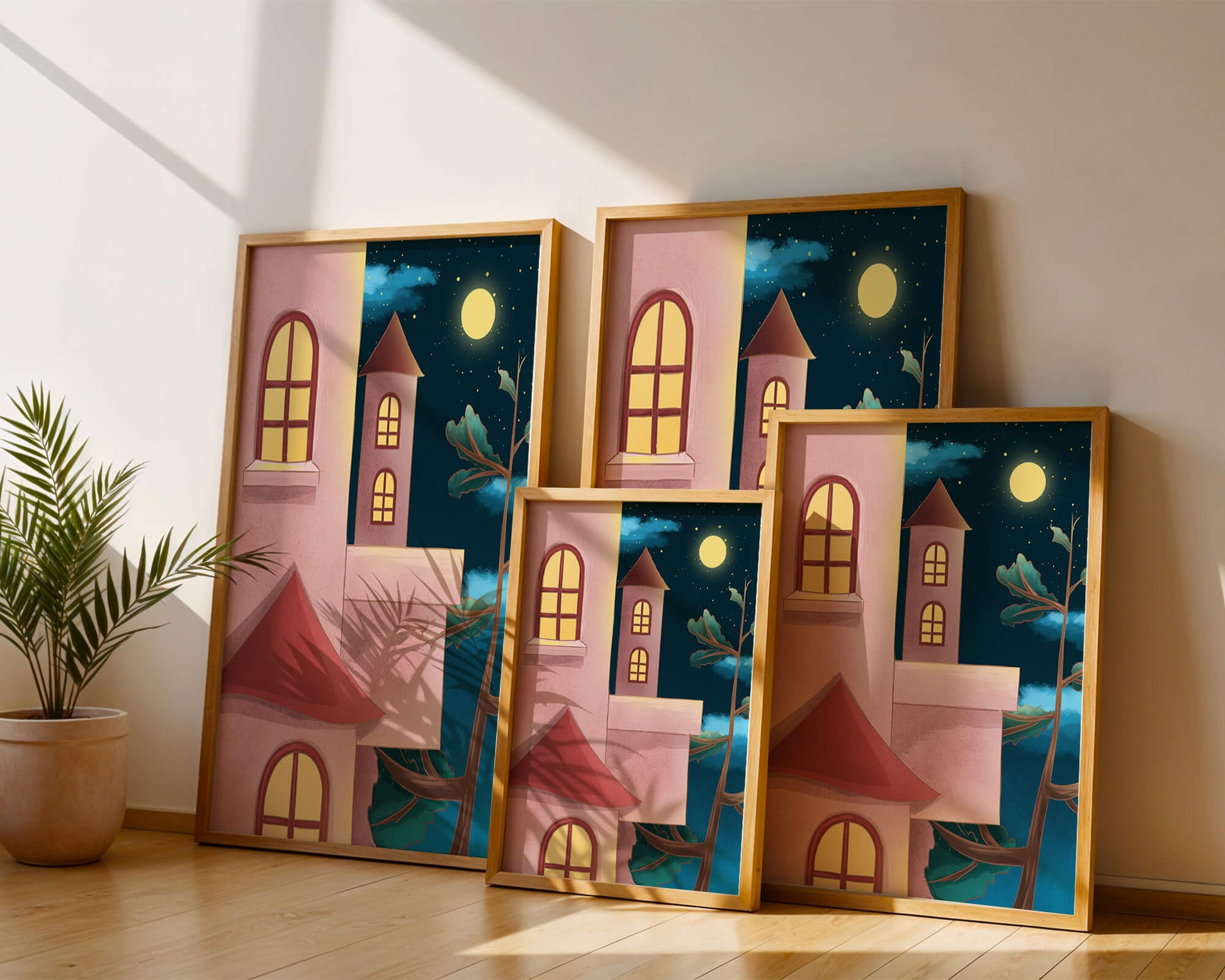 Castle with Arched Windows under Moonlit Sky