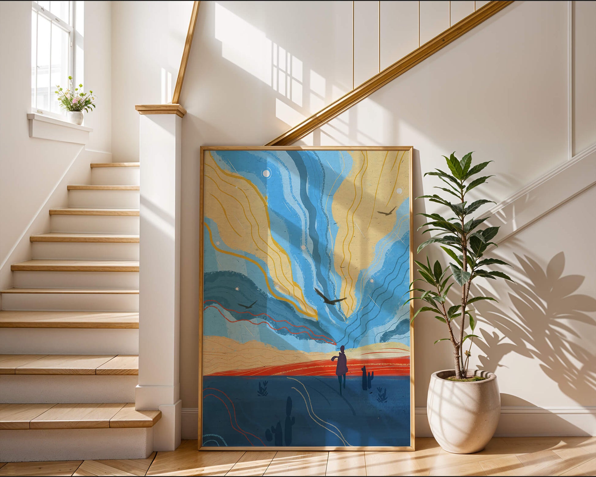 Colorful abstract landscape with figure and birds