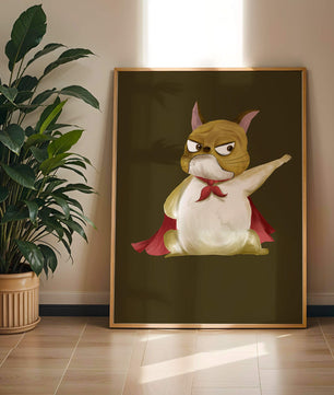 Cartoon superhero dog with red cape illustrating playful strength