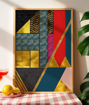 Geometric abstract design with vibrant colors and gold accents