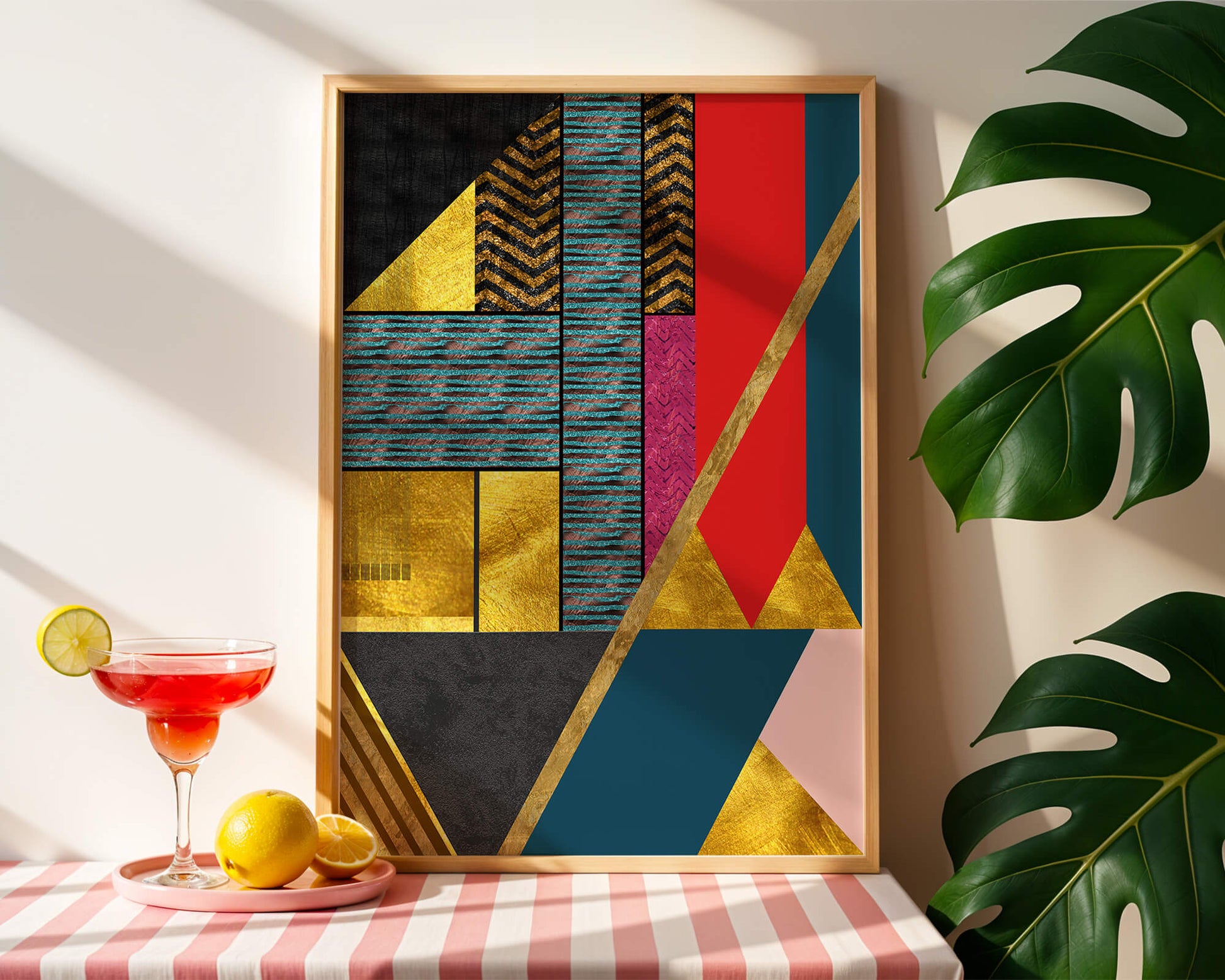 Geometric abstract design with vibrant colors and gold accents