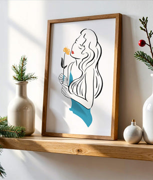 Ilustración estilizada de una mujer con una flor y elementos abstractos