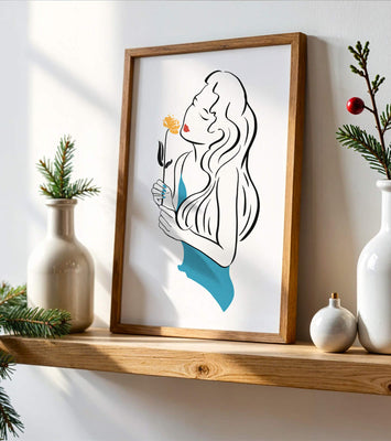 Stylized illustration of a woman with a flower and abstract elements