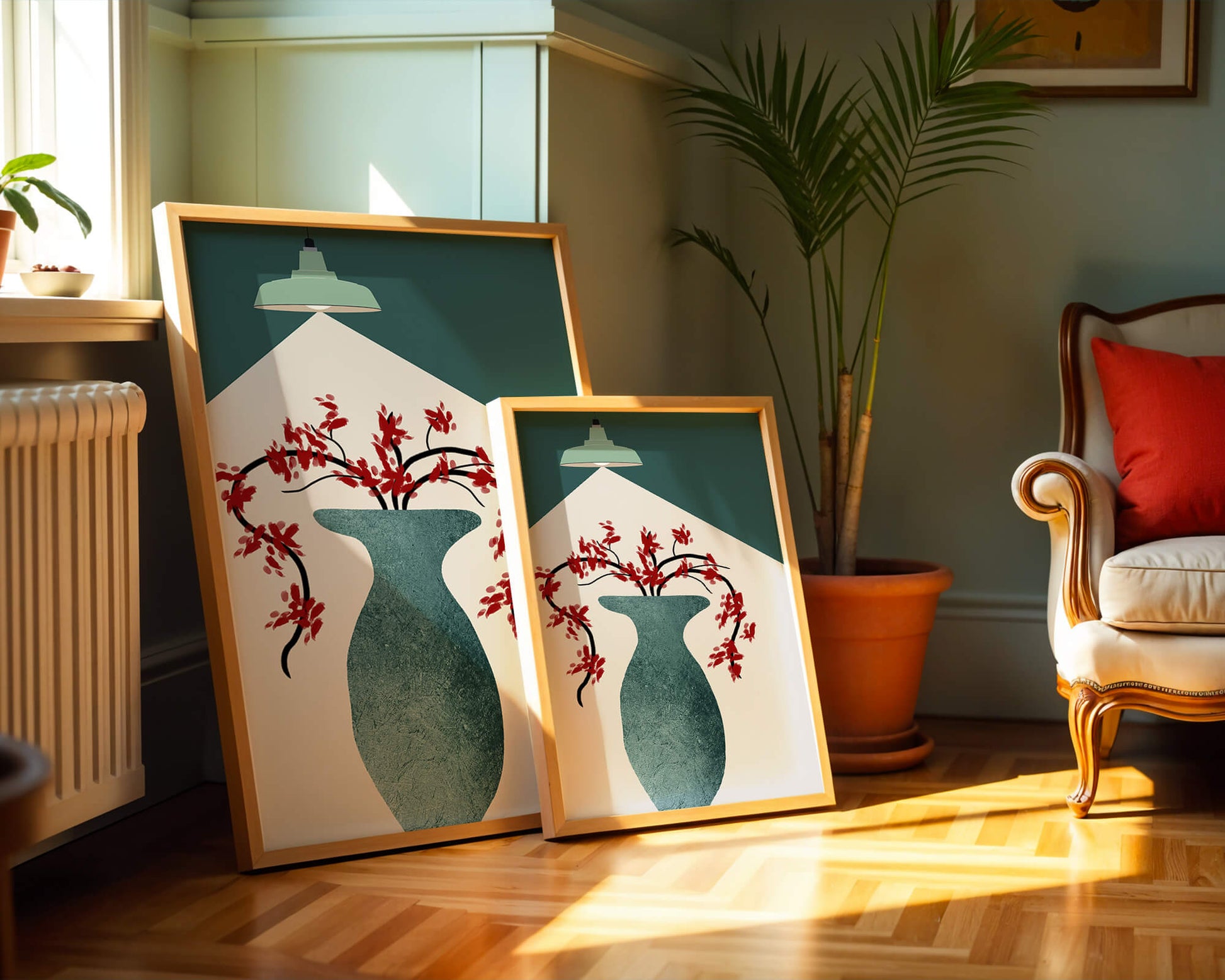 Modern Minimalist Vase with Red Flowers Under Green Lamp