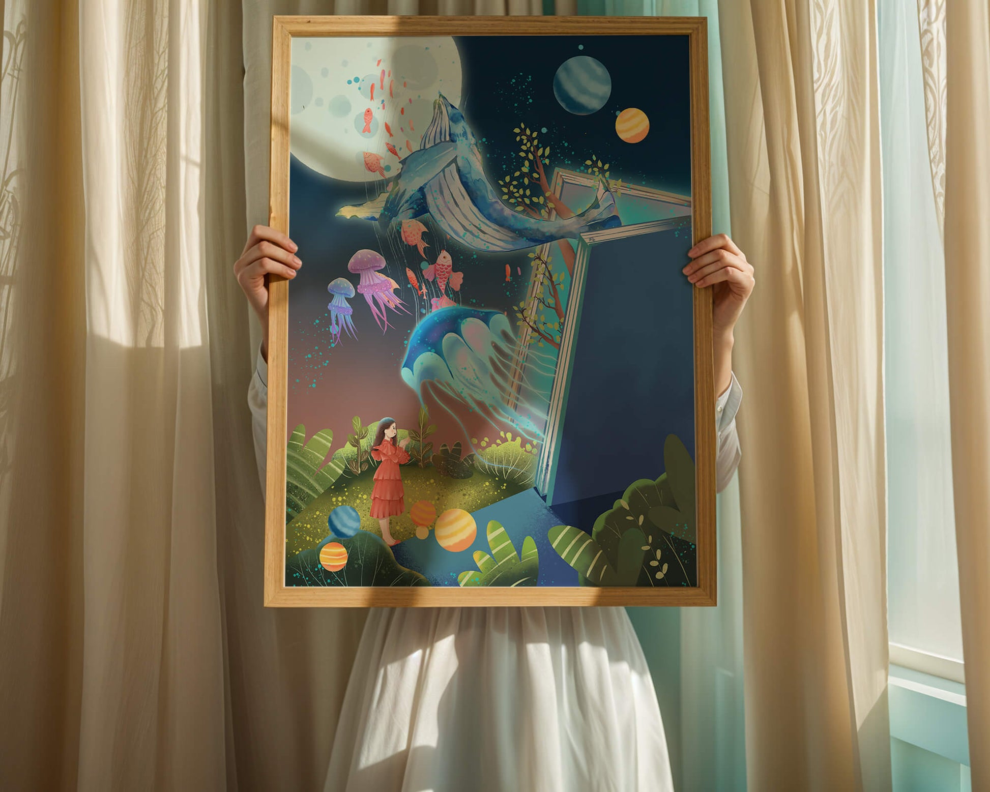 Surreal Ocean Life Emerging From a Book in a Dreamlike Forest Scene