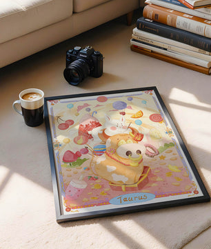 A whimsical Taurus zodiac illustration with playful animals and sweet treats