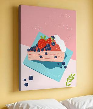Bunte Dessertillustration mit Erdbeeren und Blaubeeren auf pastellfarbenem Hintergrund
