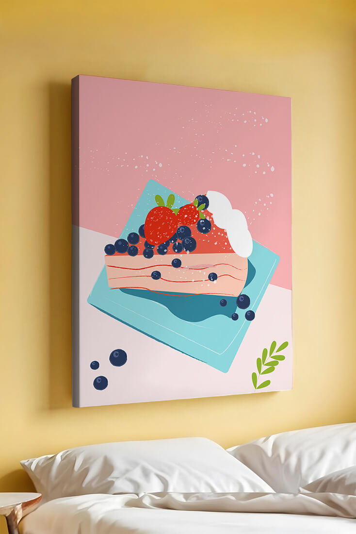 Bunte Dessertillustration mit Erdbeeren und Blaubeeren auf pastellfarbenem Hintergrund